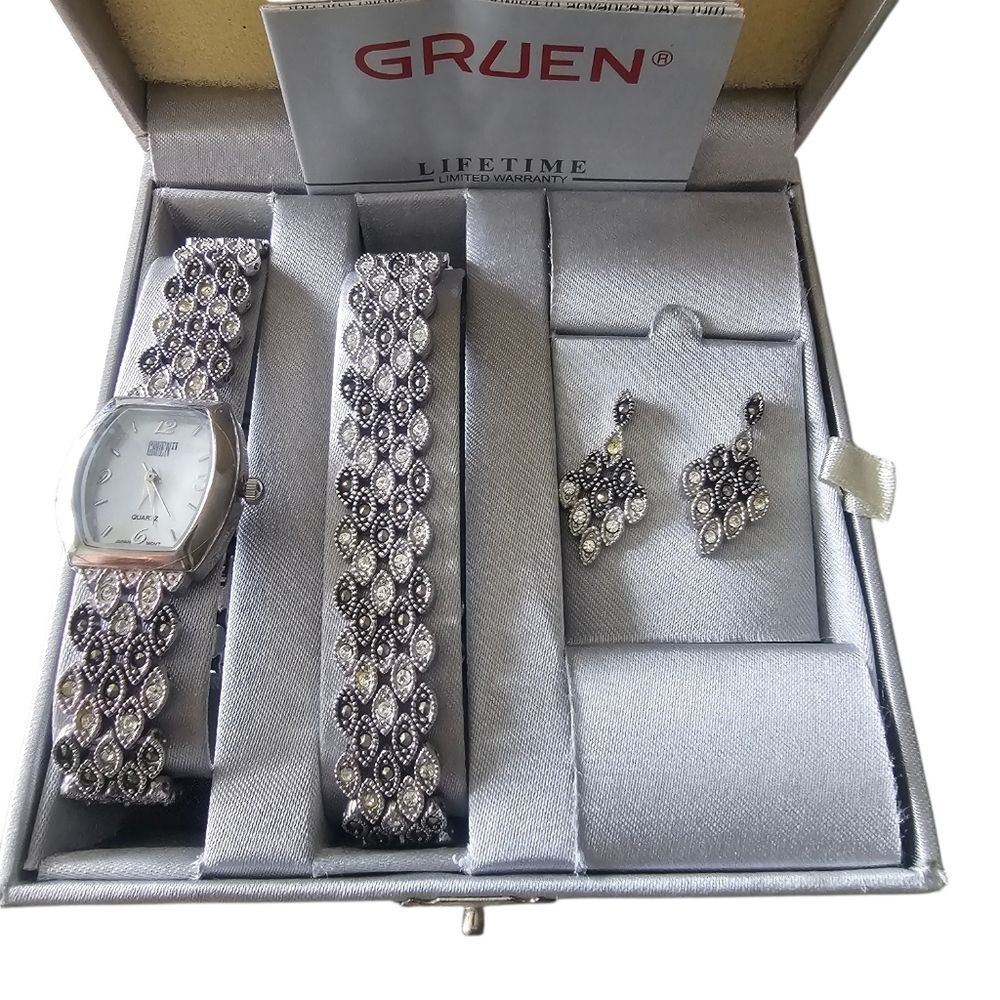 New 3 Pieces Set Vintage Gruen Women's Silver Watch Bracelet Earrings